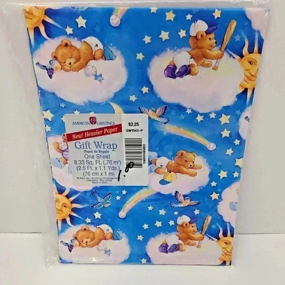 Vintage American Greetings Baby Boy Bear Gift Wrap 8.33 sq. ft. New in Package